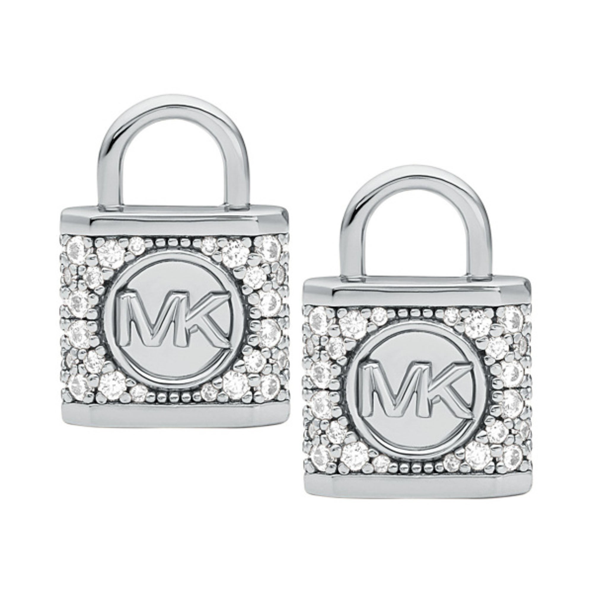 Precious Metal Sterling Silver Lock Pave Stud Earrings Rhodium Plating