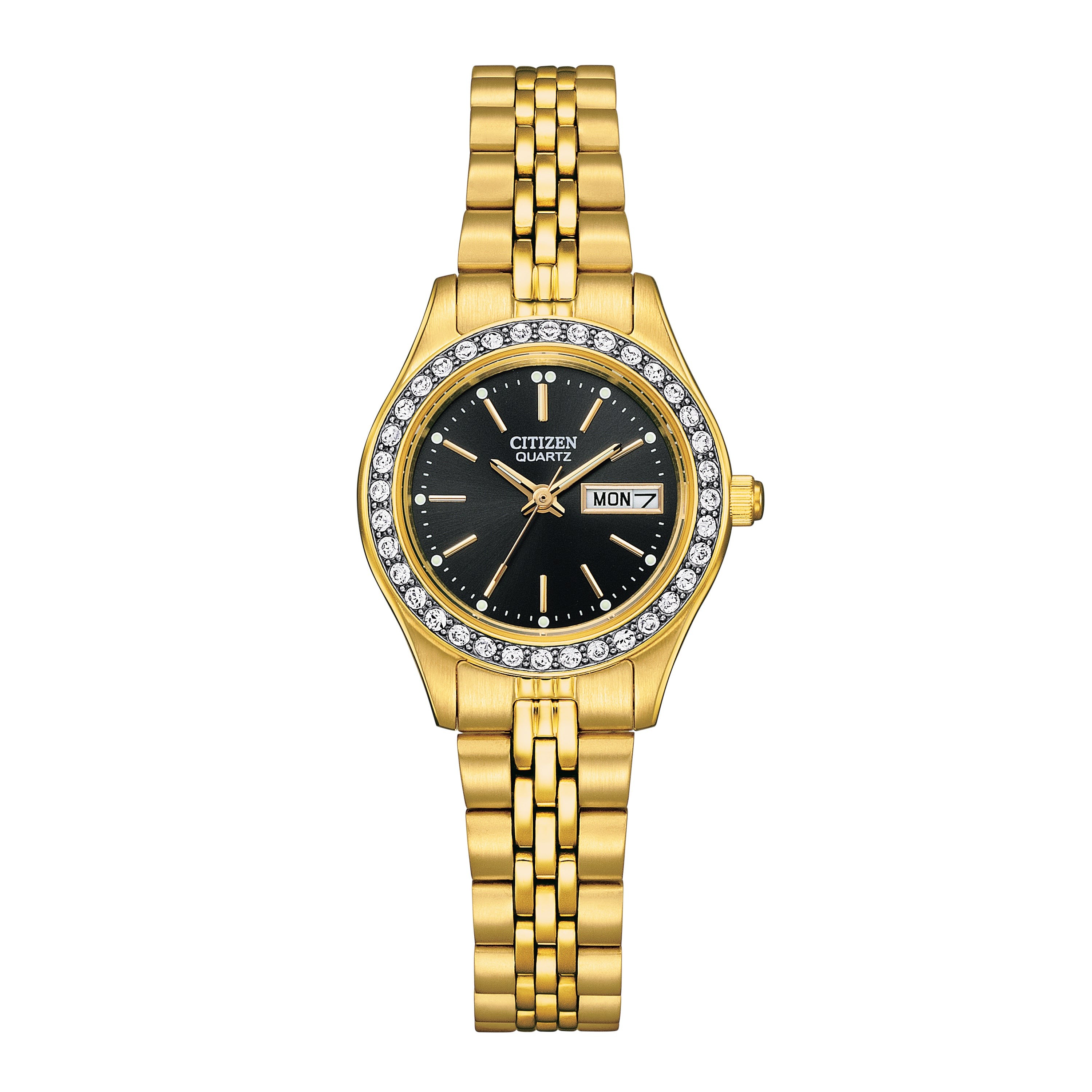 Ladies' Quartz Crystal Accent Gold-Tone Stainless Steel Watch, Black Dial