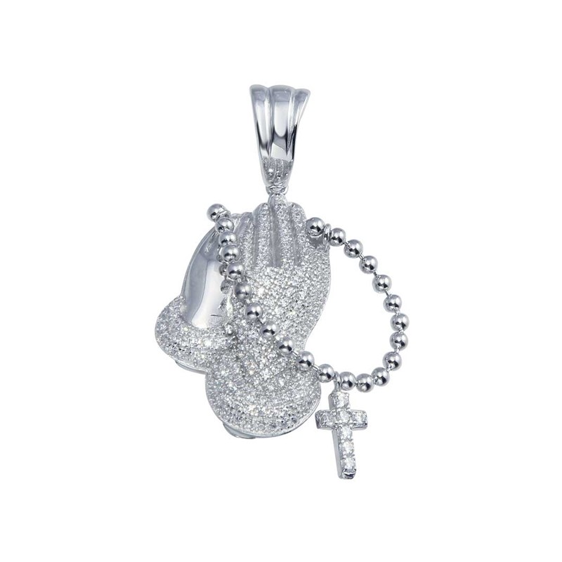 Mens Plated Prayer Hand with Rosary Pendant