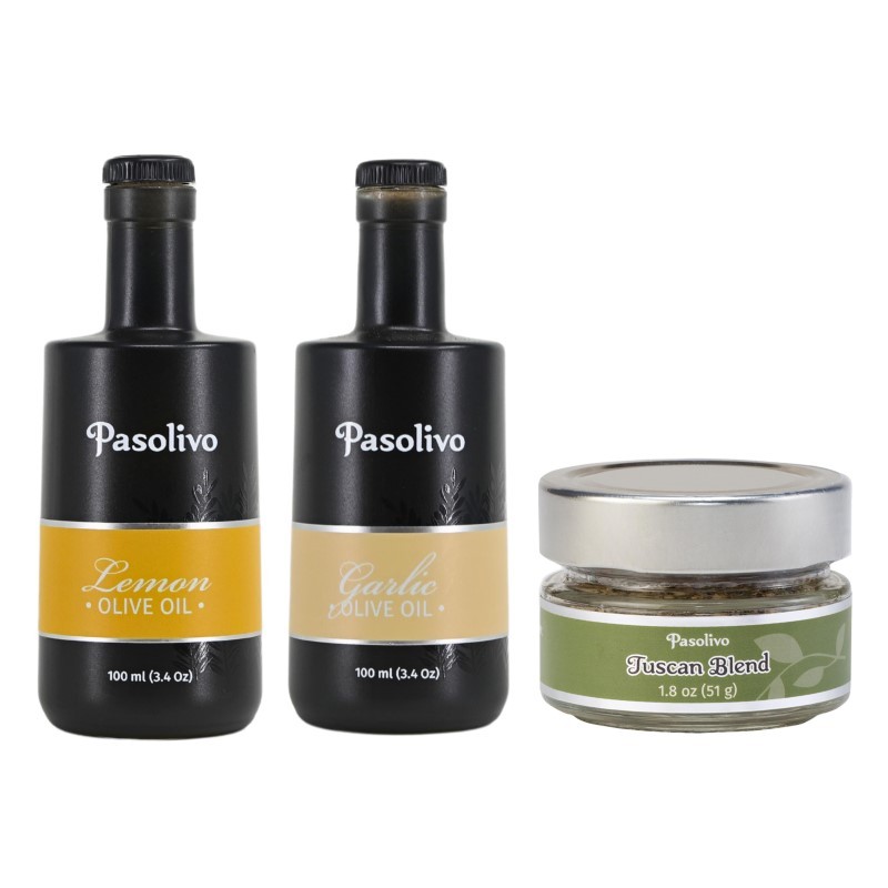 Lemon Olive Oil & Garlic Olive Oil 100mL & Tuscan Spice Blend 1.8oz Lemon Olive Oil & Garlic Olive Oil 100mL & Tuscan Spice Blend 1.8oz