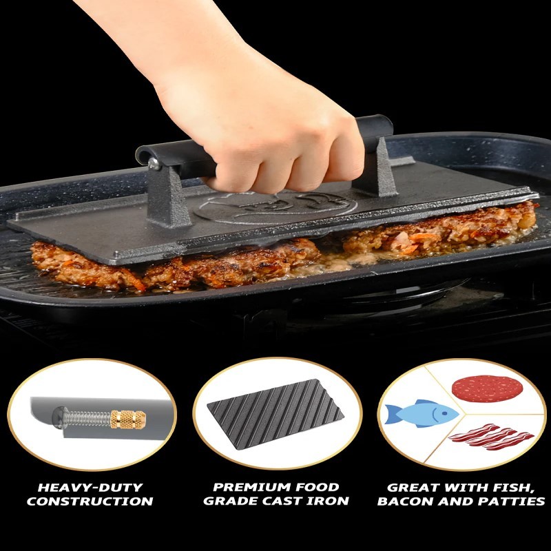 Cast Iron Rectangular Smash Grill Press - (Black)