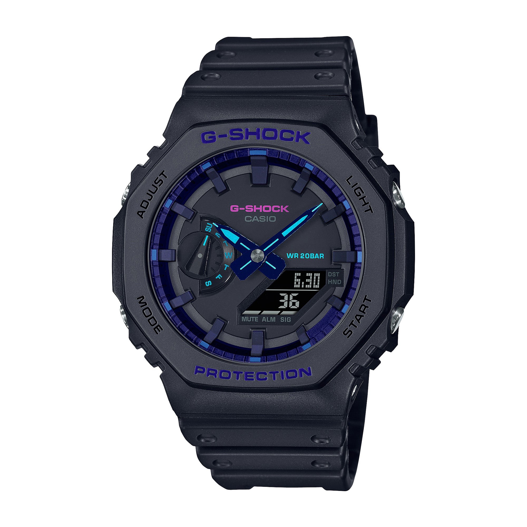 Mens G-Shock Virtual Black Resin Analog/Digital Watch Blue Violet Dial
