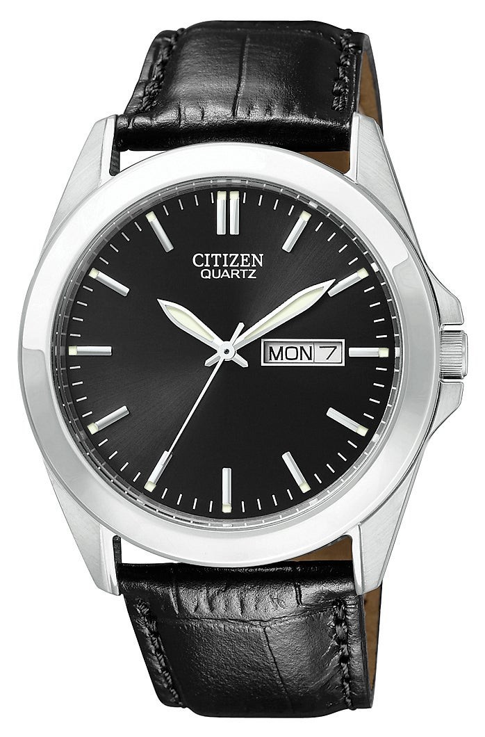 Mens Quartz Black Leather Strap Watch Black Dial