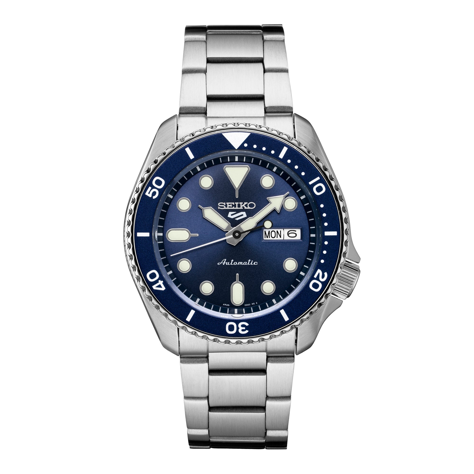 Mens Seiko 5 Sport Automatic Silver-Tone Stainless Steel Watch Blue Dial
