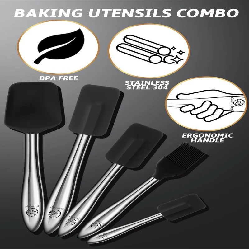 5 Piece Silicone Spatula Set with SS Handle - (Black)