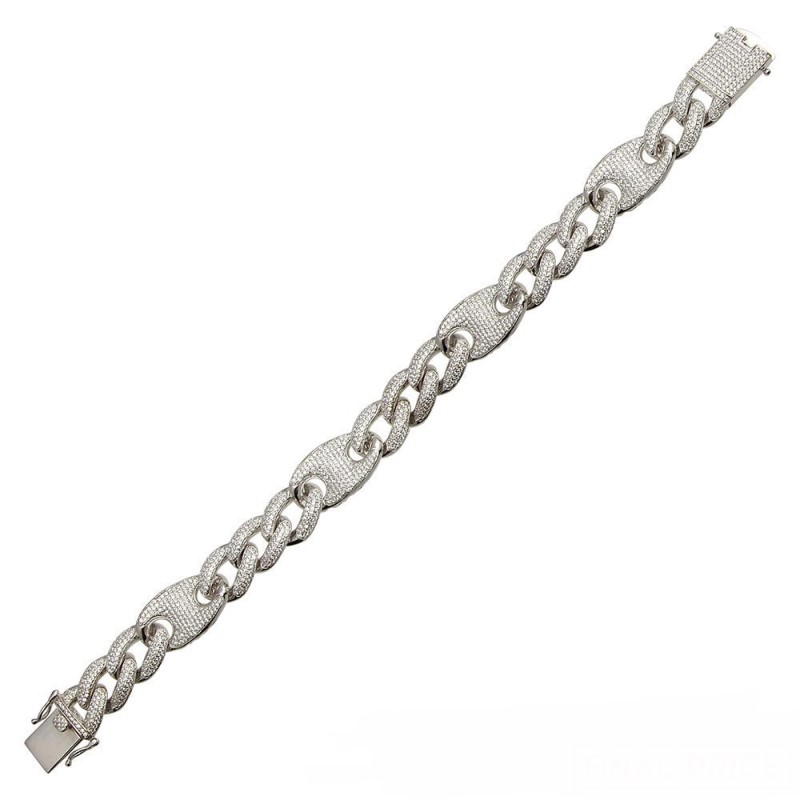 Mens Rhodium Plated CZ Encrusted Figaro Mariner Bracelet - (Sterling Silver)