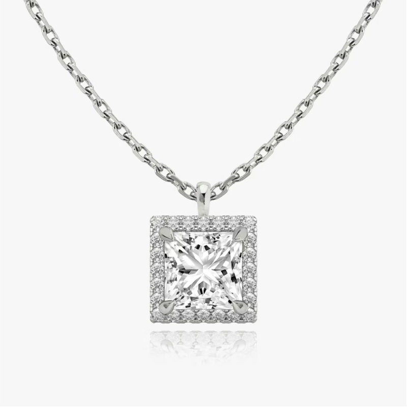 Square Halo Necklace in 14K White Gold