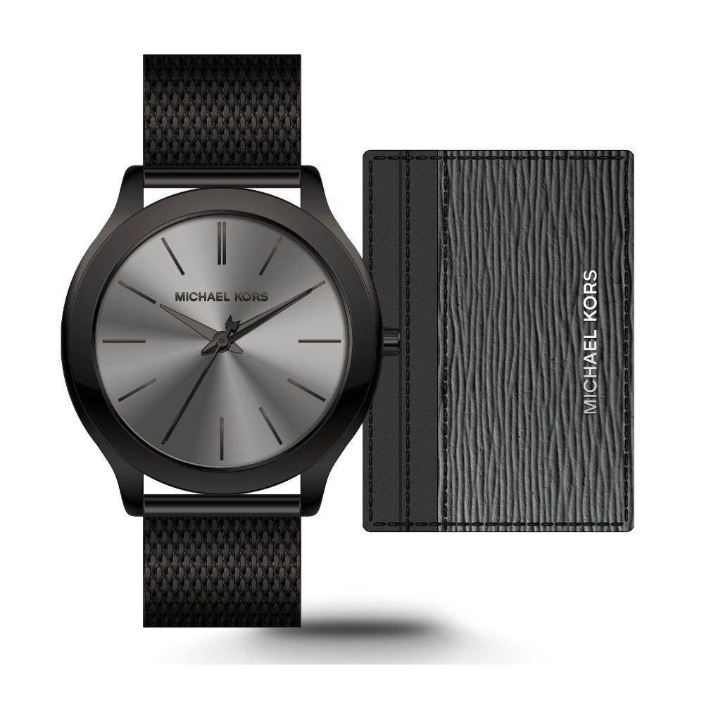 Runway Three-Hand Black Stainless Steel Mesh Watch and Wallet Gift Set