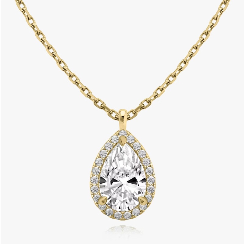 Pear Halo Necklace in 14K Yellow Gold