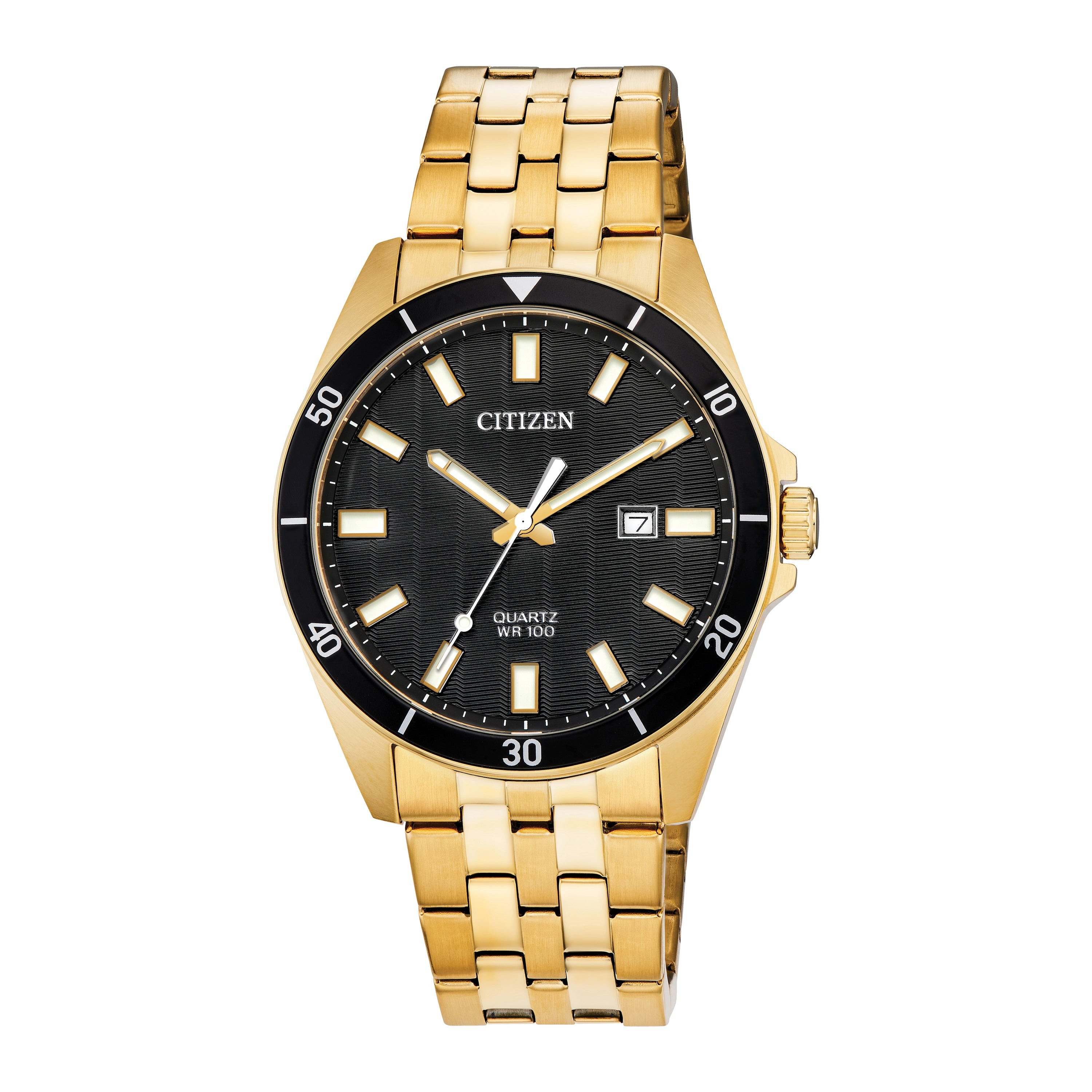 Men's Quartz Gold-Tone Stainless Steel Watch, Black Dial