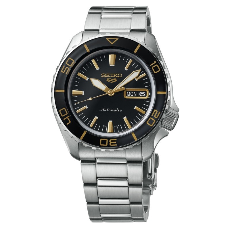 Seiko 5 Sports SS Automatic Black Dial, Gold Accent markers, SS bracelet