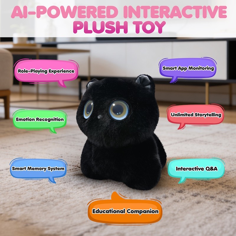 Black AI Talking Plush Cat Companion for Kids