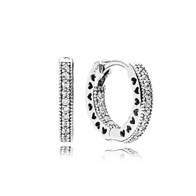 Pave Heart Hoop Earrings Silver