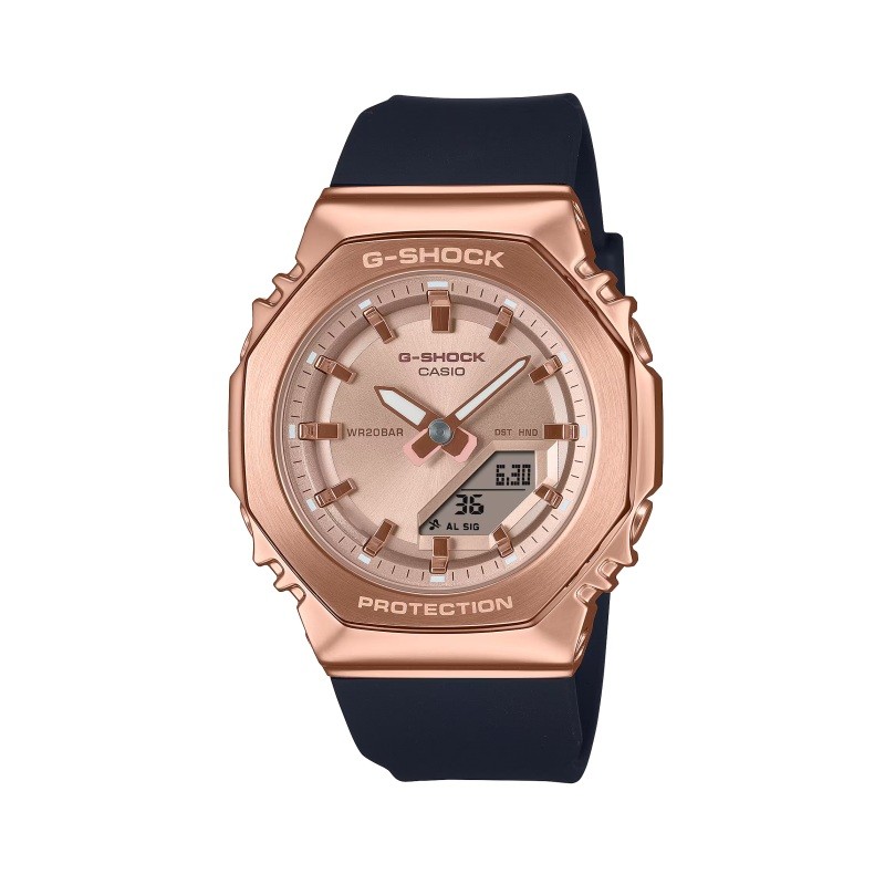 Analog-Digital Pink Gold-Tone Dial Black Resin Strap Watch