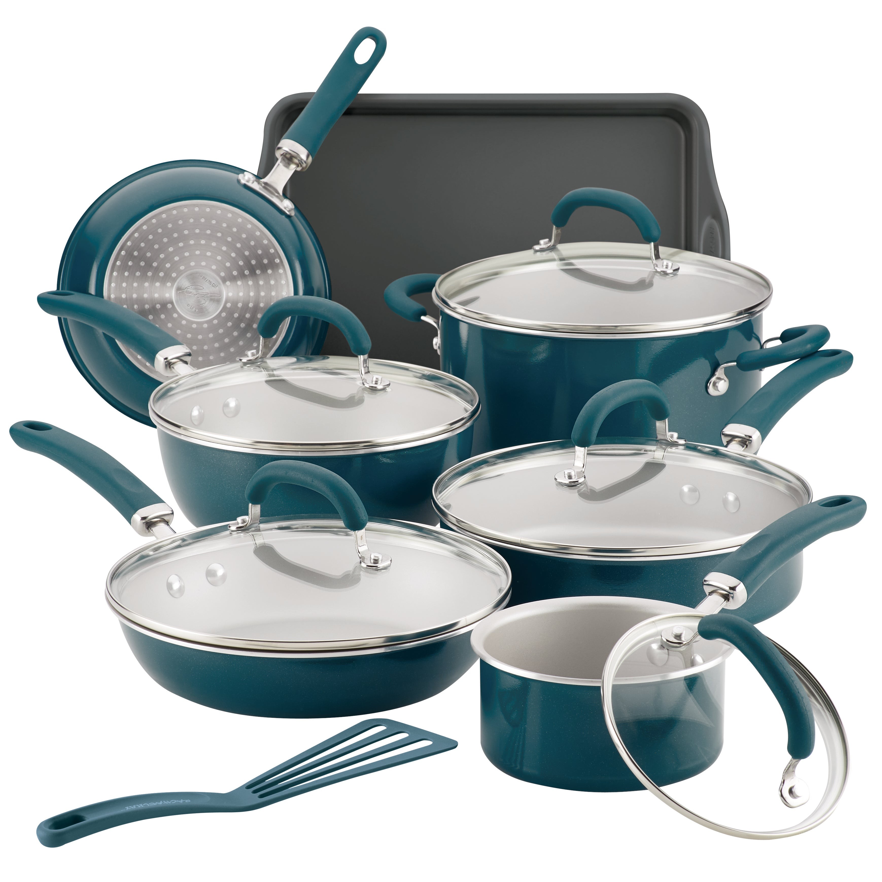 Create Delicious 13pc Enameled Aluminum Cookware Teal Shimmer