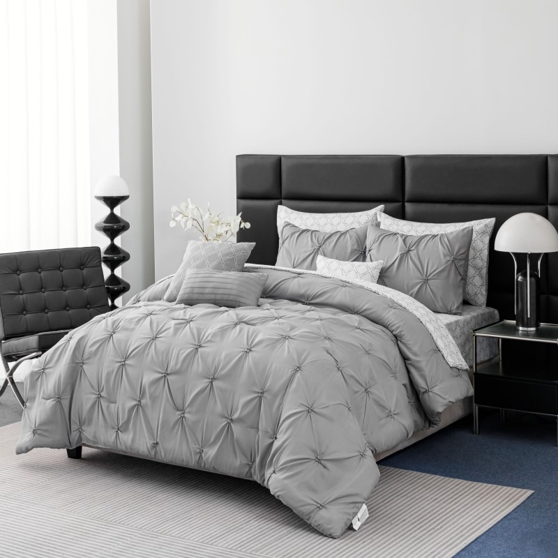 Queen Grey 10Pc Pintuck Bed In A Bag Set