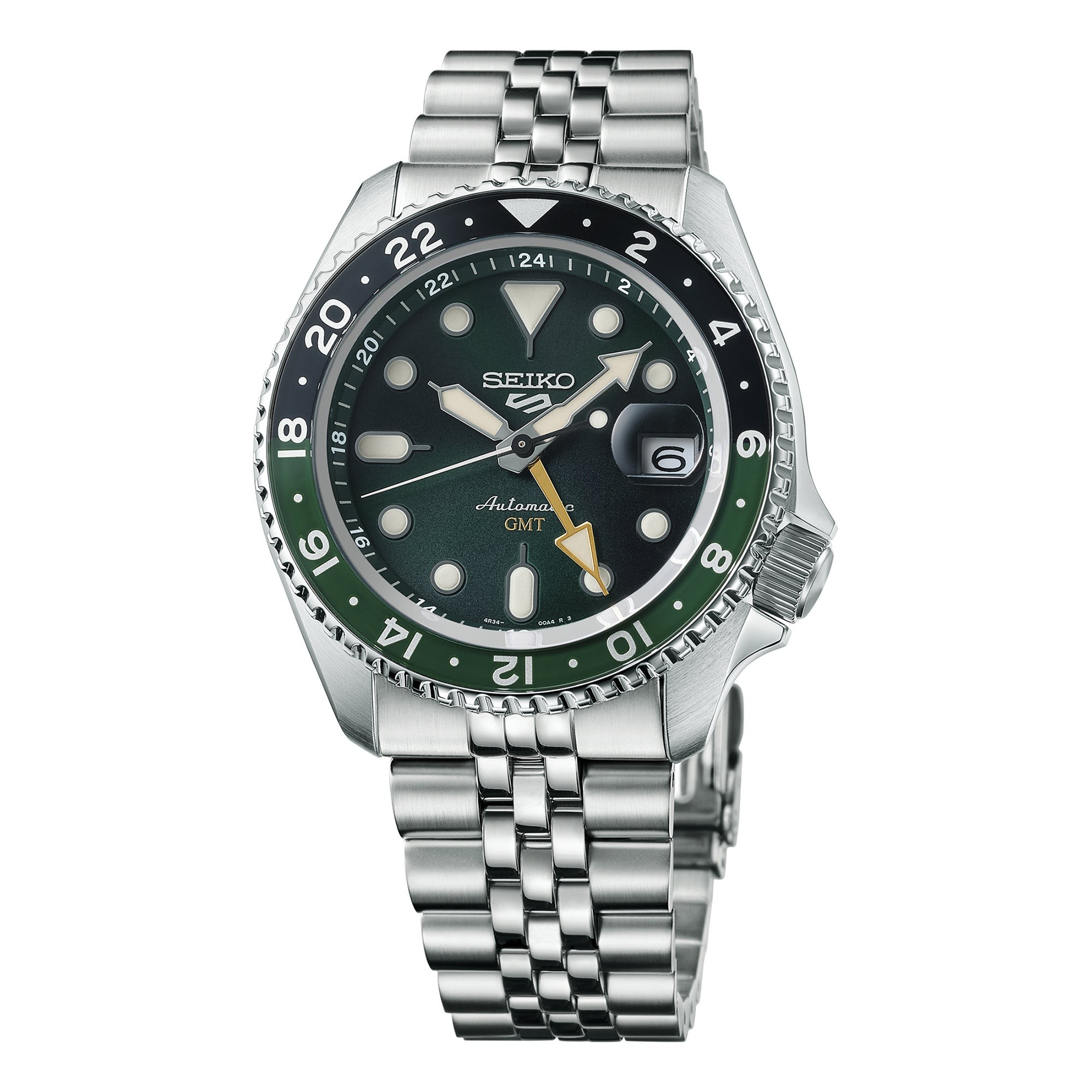 Men's Seiko 5 Sports SKX GMT Silver Stainless Steel Watch, Green Dial