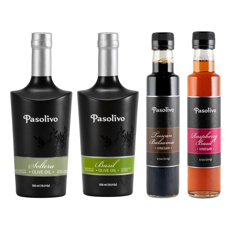 Extra Virgin Olive Oil & Basil Olive Oil - 500mL & Tuscan Balsamic & Raspberry Basil Vinegar 8.5oz