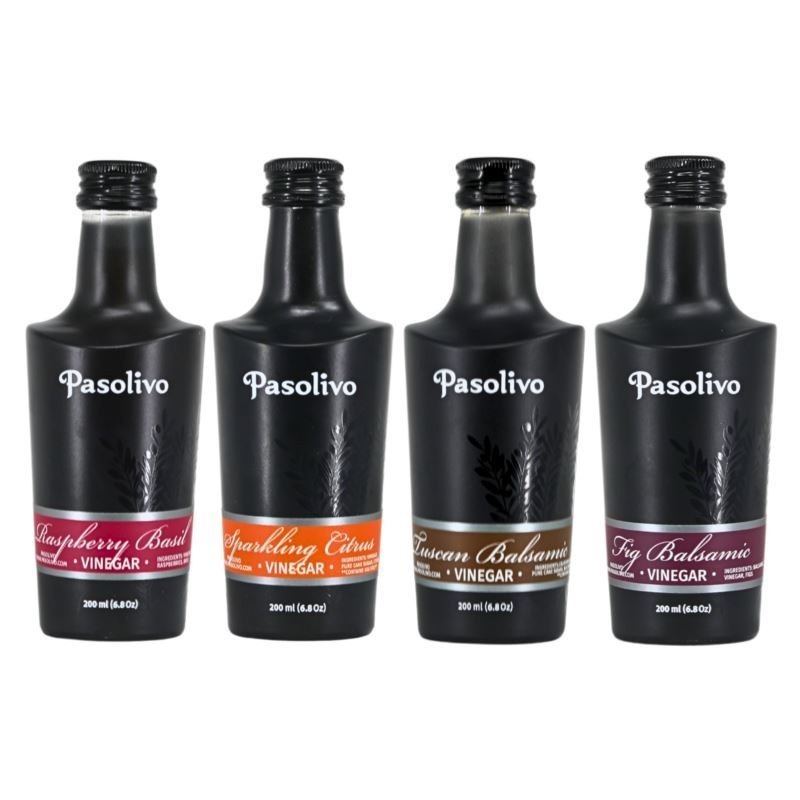 Raspberry Basil Vinegar, Sparkling Citrus Vinegar, Tuscan Balsamic & Fig Balsamic 200mL Raspberry Basil Vinegar, Sparkling Citrus Vinegar, Tuscan Balsamic & Fig Balsamic 200mL