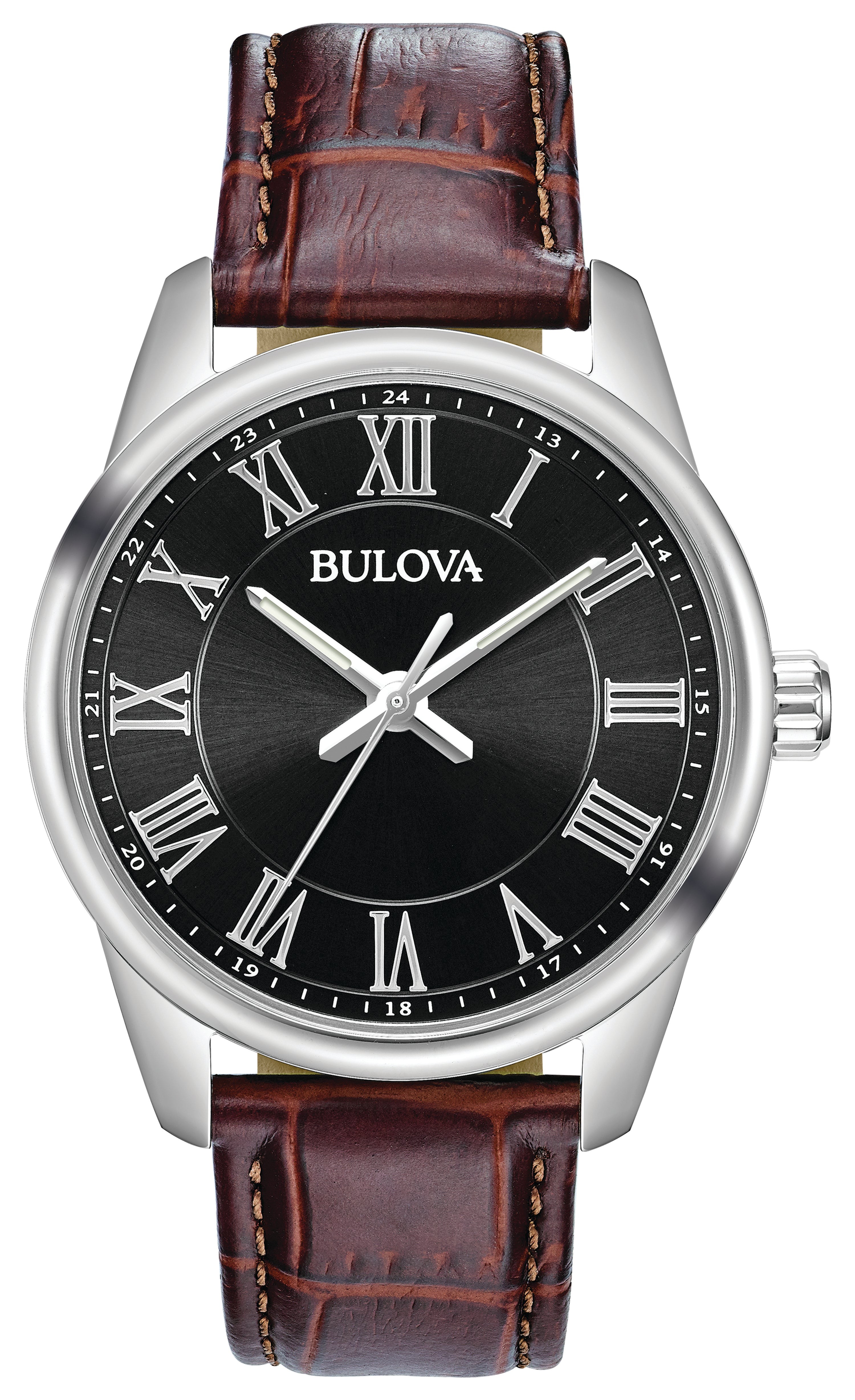 Men's Quartz Brown Leather Strap Watch, Black Dial