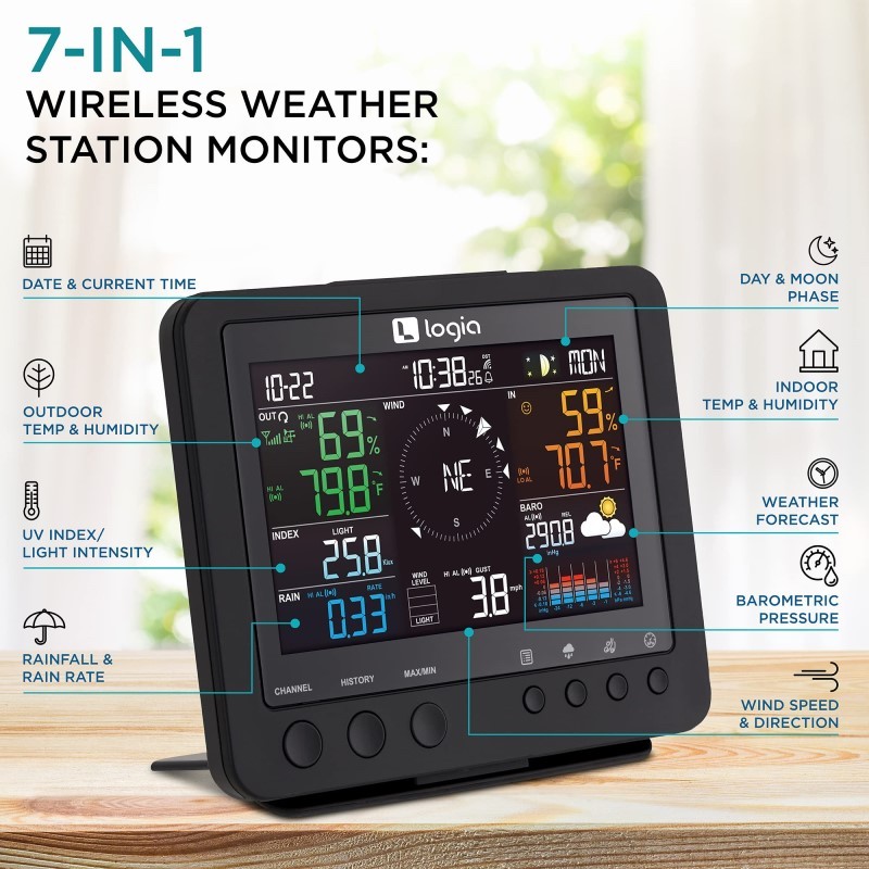 7-in-1 Weather Station Indoor/Outdoor Weather Station with Temperature Humidity, Alarm & More