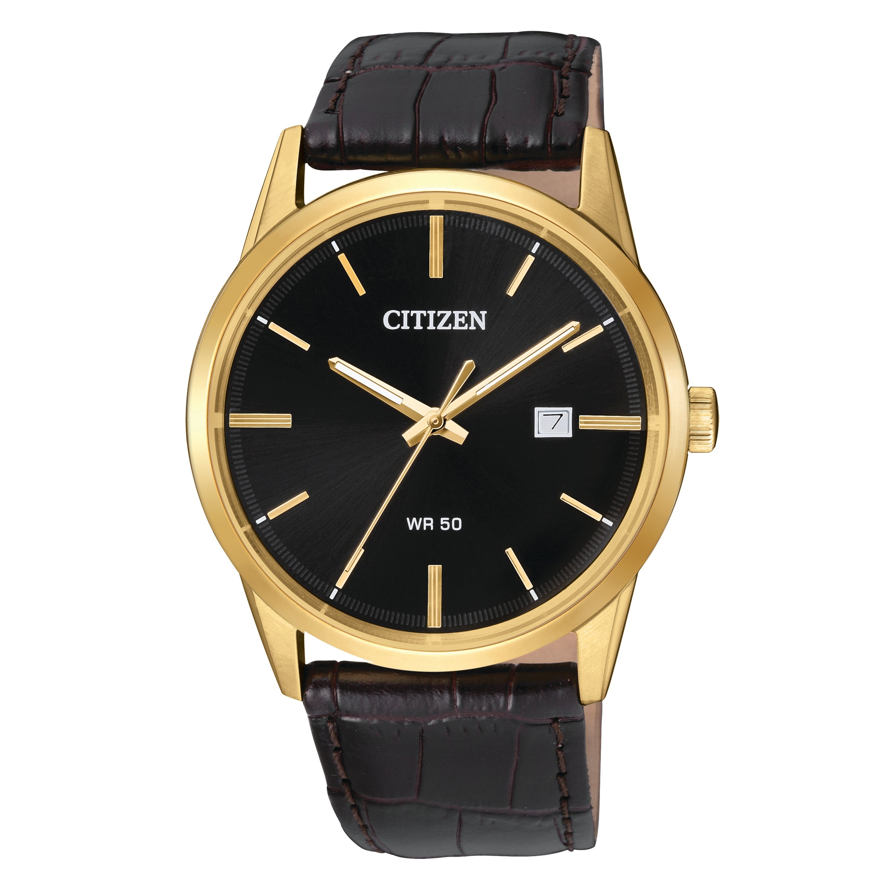 Mens Quartz Gold-Tone & Brown Leather Strap Black Dial