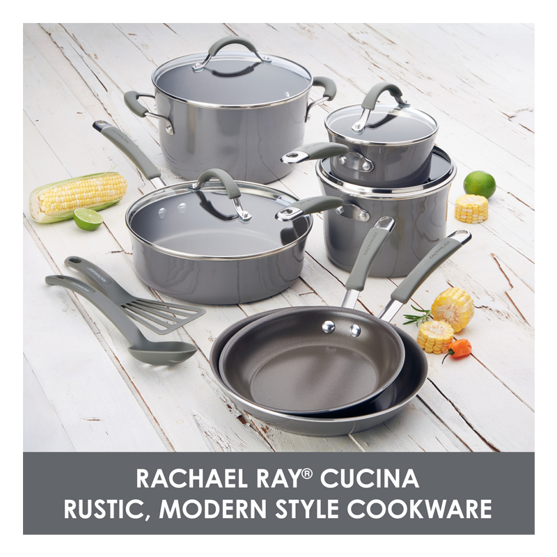 12 - Piece Cucina Hard Porcelain Enamel Nonstick Cookware Set - (Sea Salt Gray)