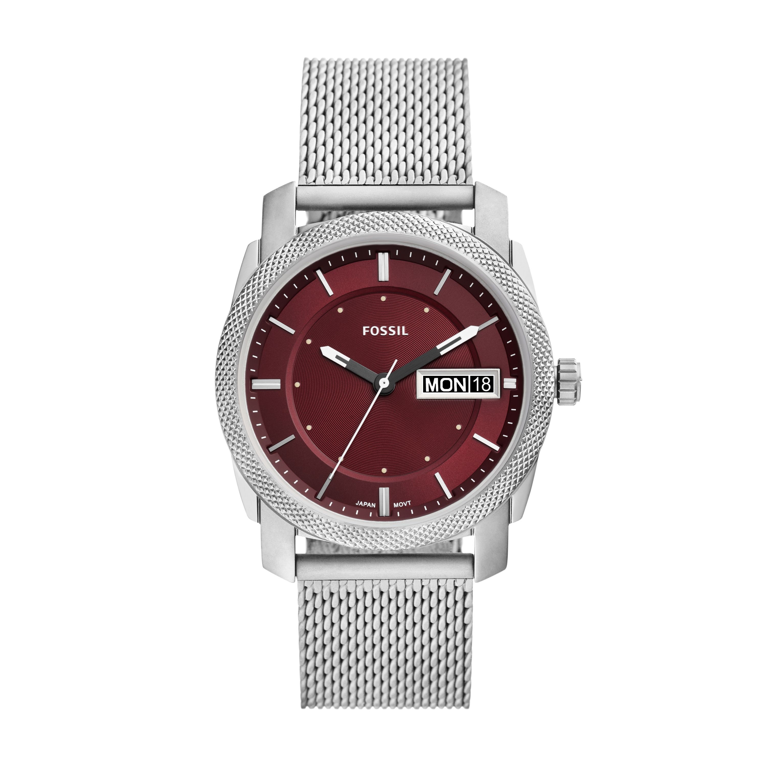 Machine Three-Hand Day-Date Stainless Steel Mesh Watch