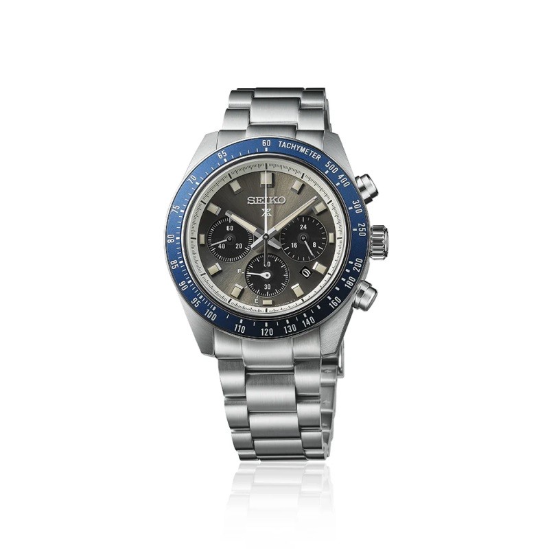 Seiko Prospex Speedtimer SS Solar Chronograph Charc. Gray Dial Blue Bezel