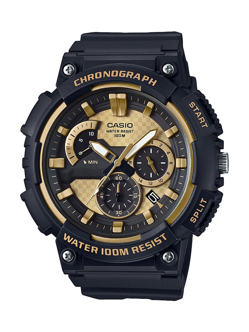 Mens Classic Chronograph Analog Resin Watch Black & Gold Dial