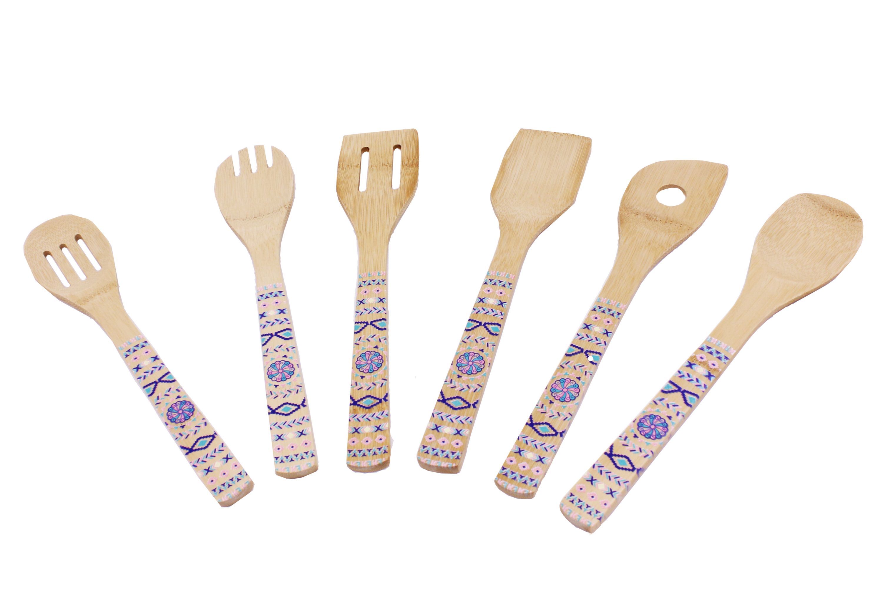 Patterned Bamboo 6pc Utensil Set, blue/orange