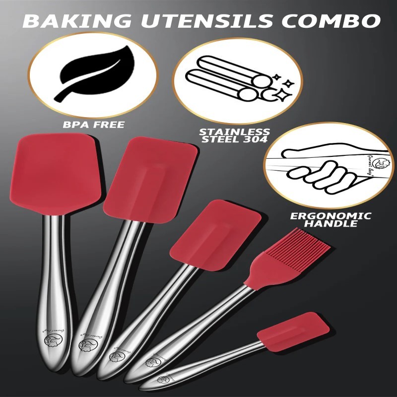 5 Piece Silicone Spatula Set with SS Handle - (Red)