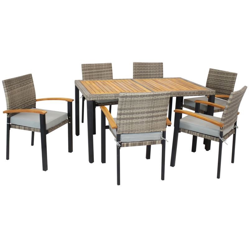 Sunnydaze Carlow 7-Piece Rattan and Acacia Patio Dining Set - Mixed Gray/Stone Gray