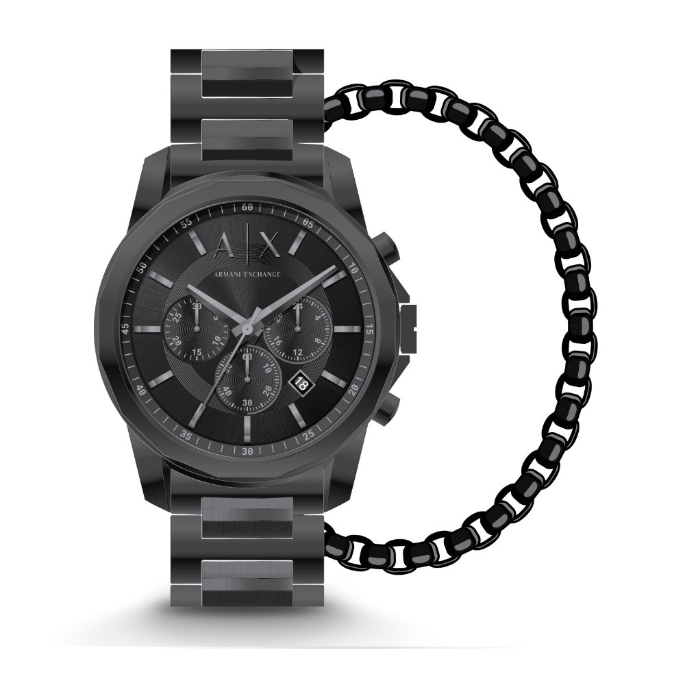 Chronograph Black Stainless Steel Watch and Bracelet Set