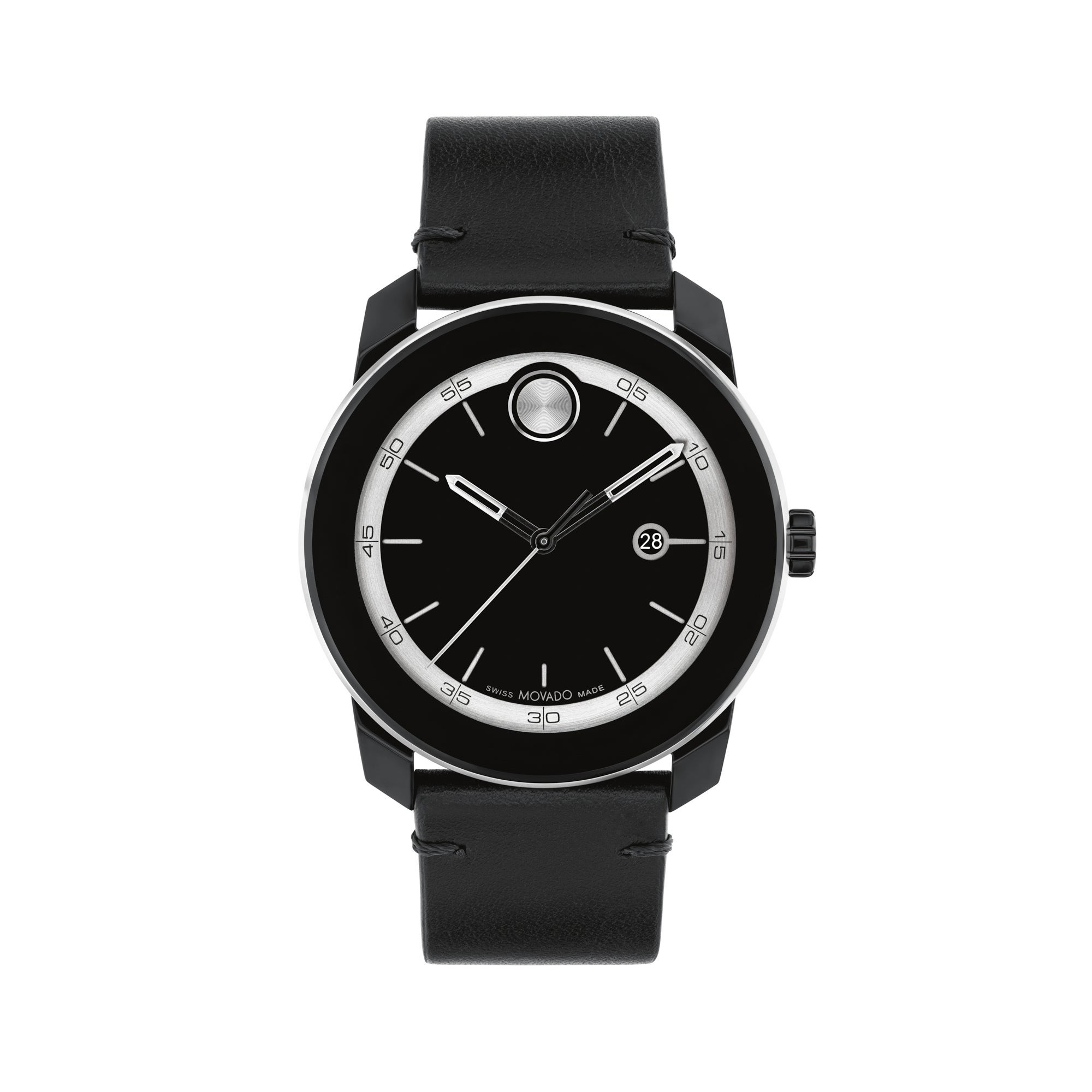 Men's Bold TR90 Silver & Black Leather Strap Watch, Black Dial